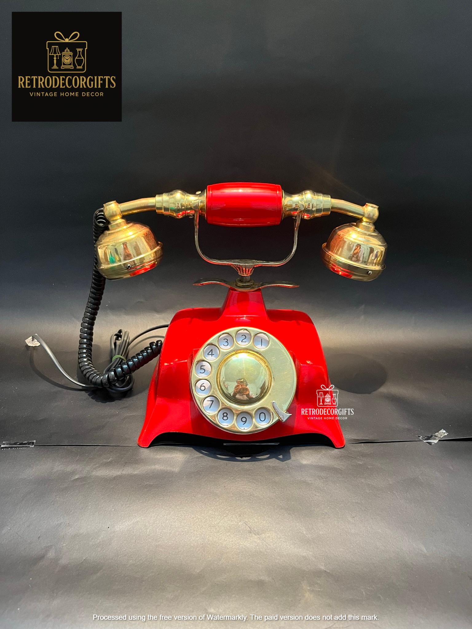 Red Rotary Dial Brass Landline Telephone — Vintage view 3