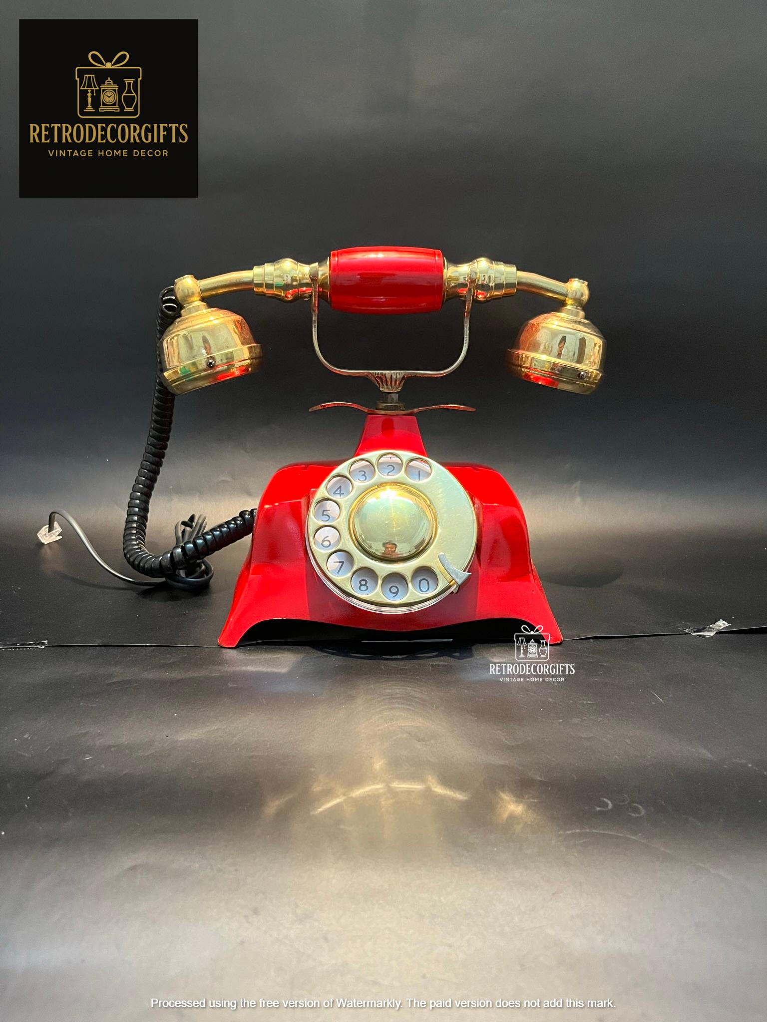 Red Rotary Dial Brass Landline Telephone — Vintage view 4
