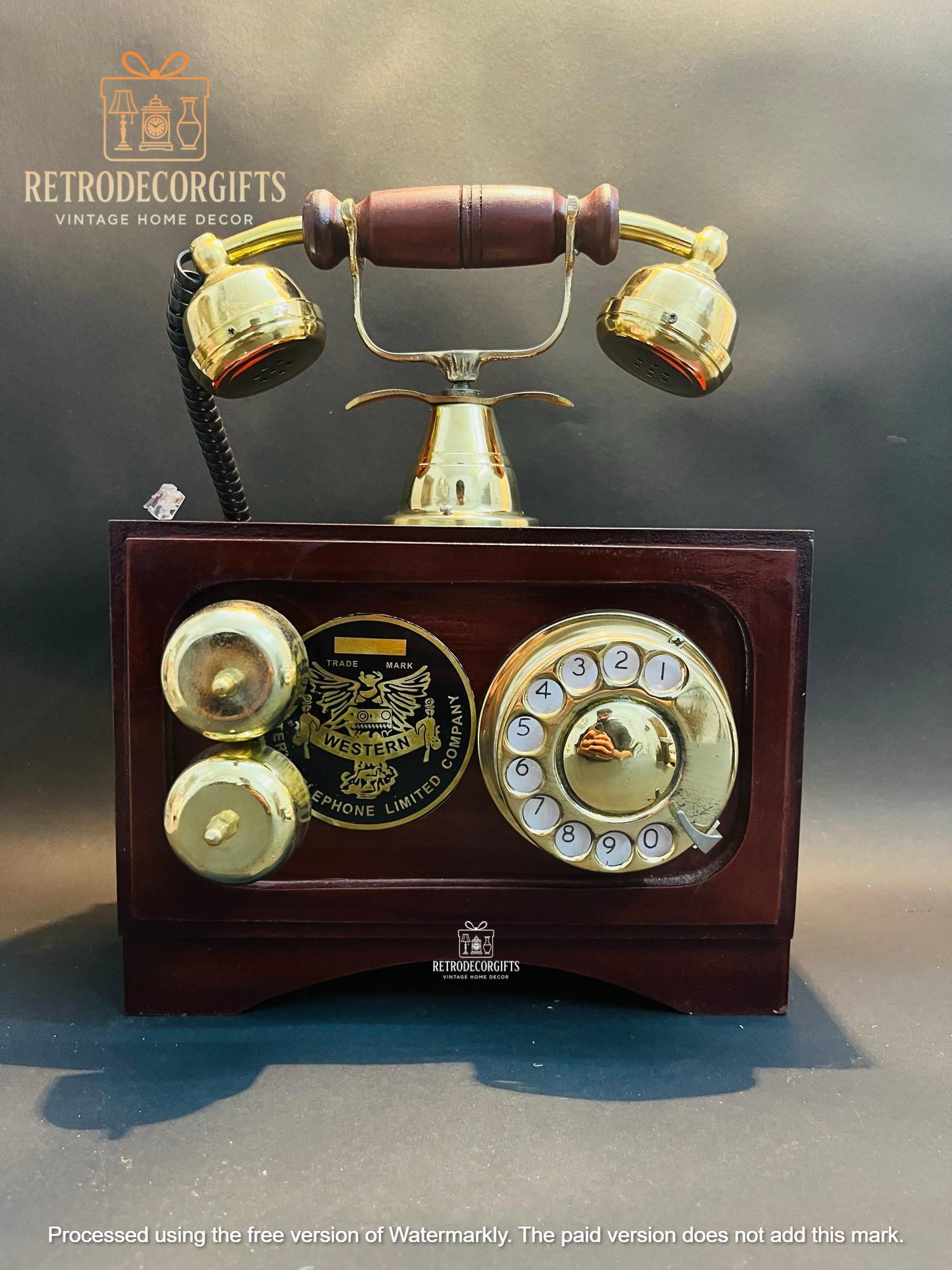Brass and Wood Rotary Dial Telephone — Retro Desk view 2