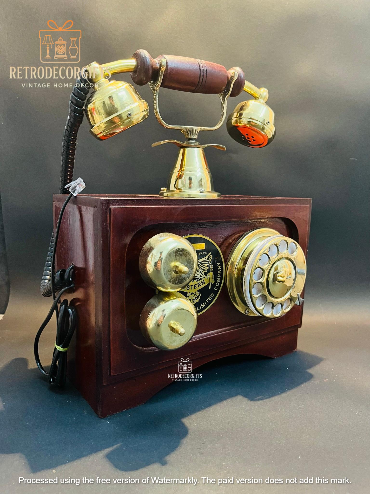Brass and Wood Rotary Dial Telephone — Retro Desk view 3