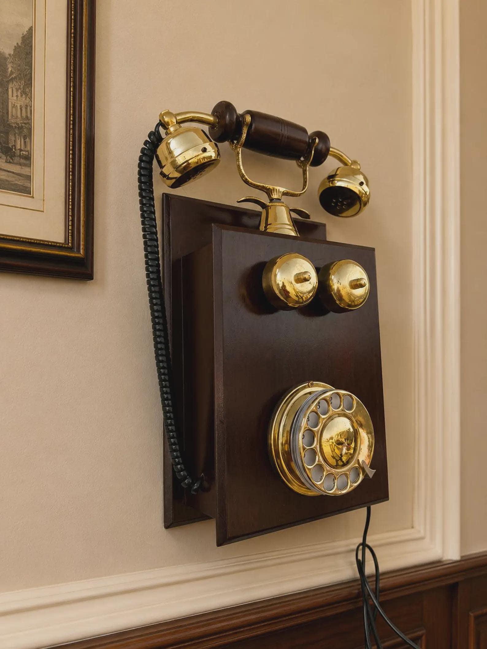Wooden Rotary Telephone — Antique Brass Wall Decor view 2