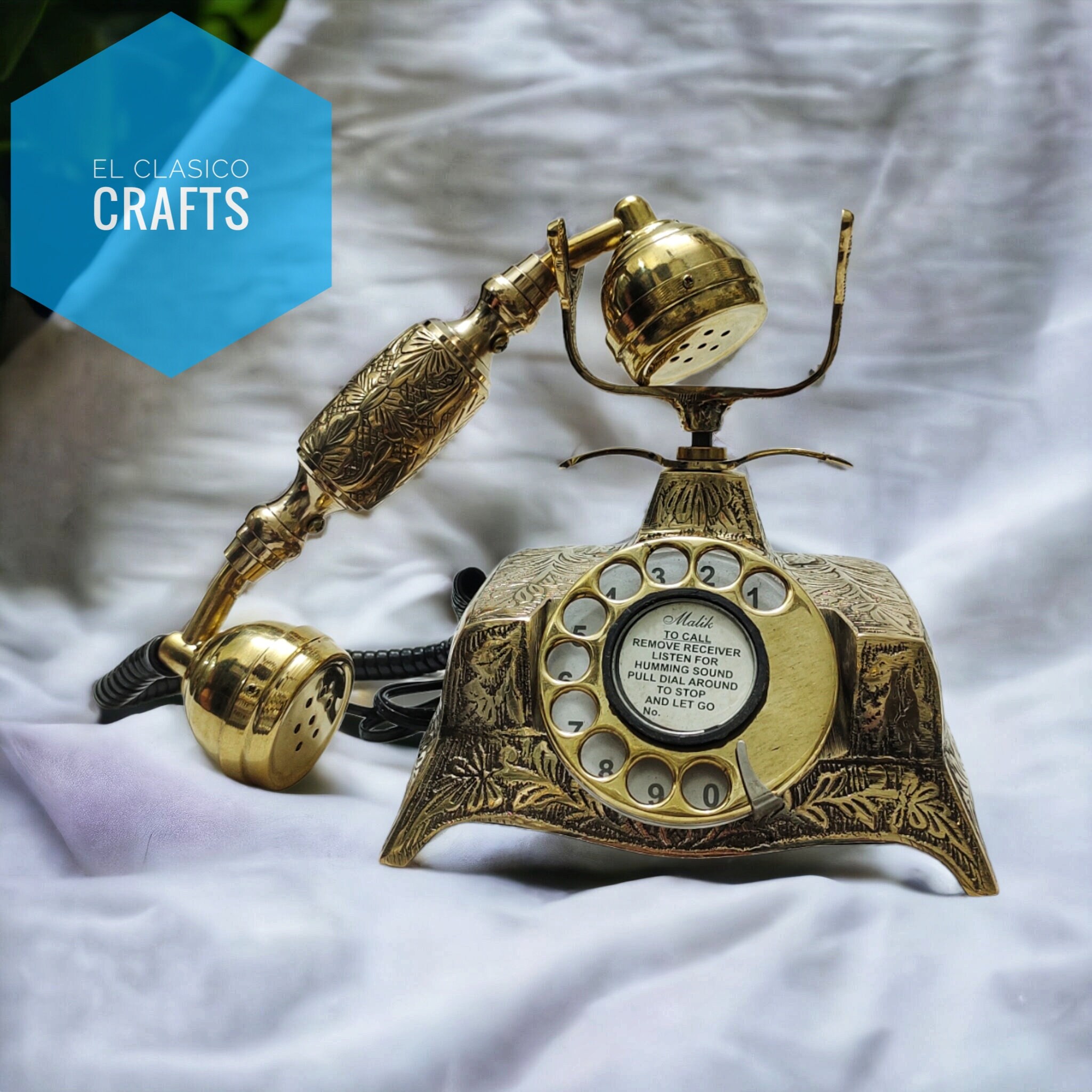 Floral Engraved Brass Rotary Victorian Desk Phone view 4