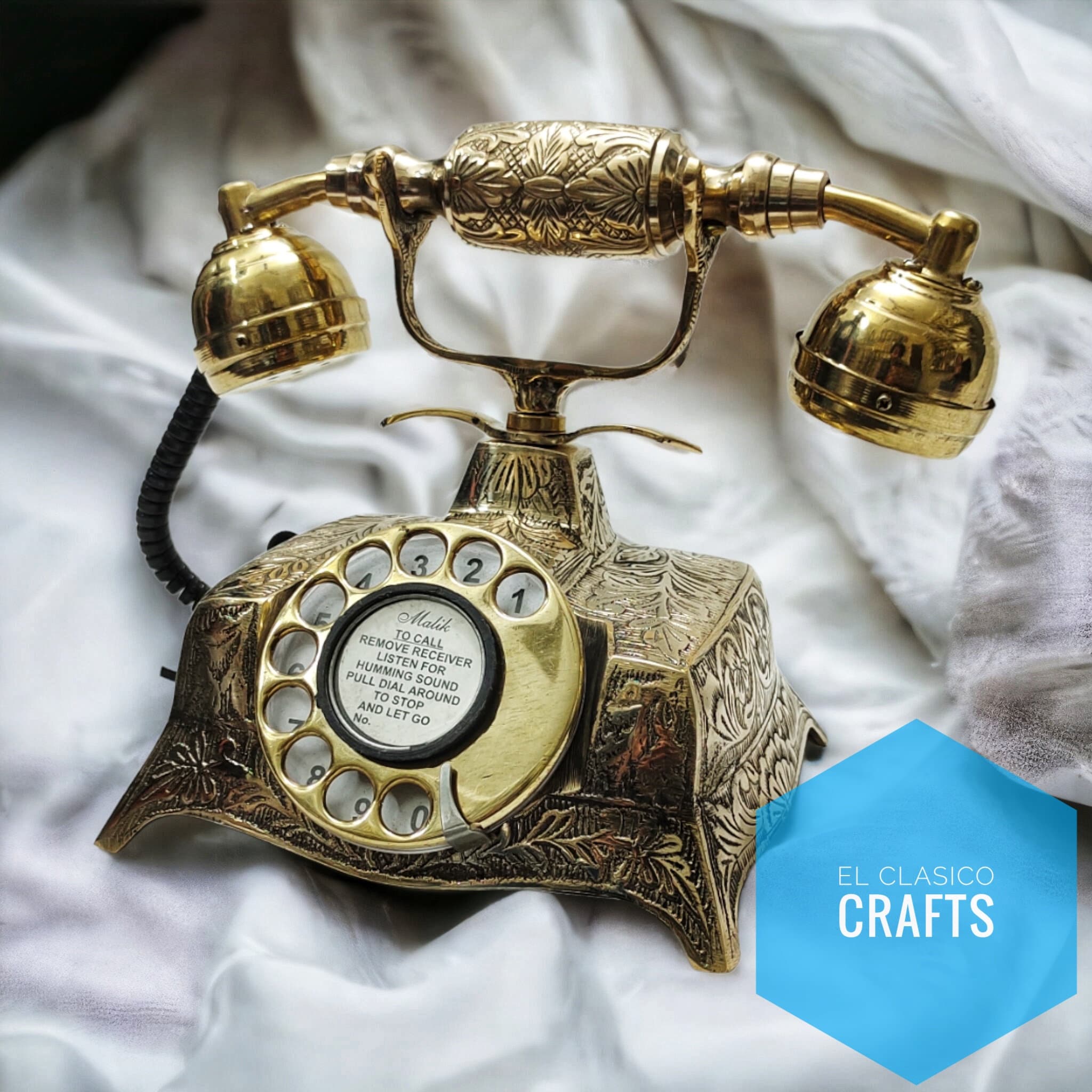Floral Engraved Brass Rotary Victorian Desk Phone view 7