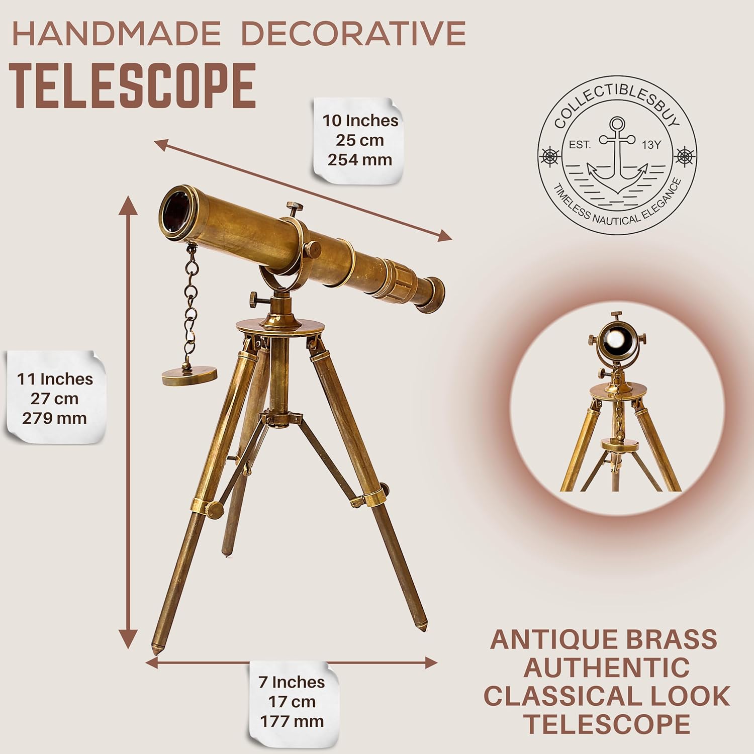 Brass Floor Standing Telescope 11" with Brass Tripod Stand view 3