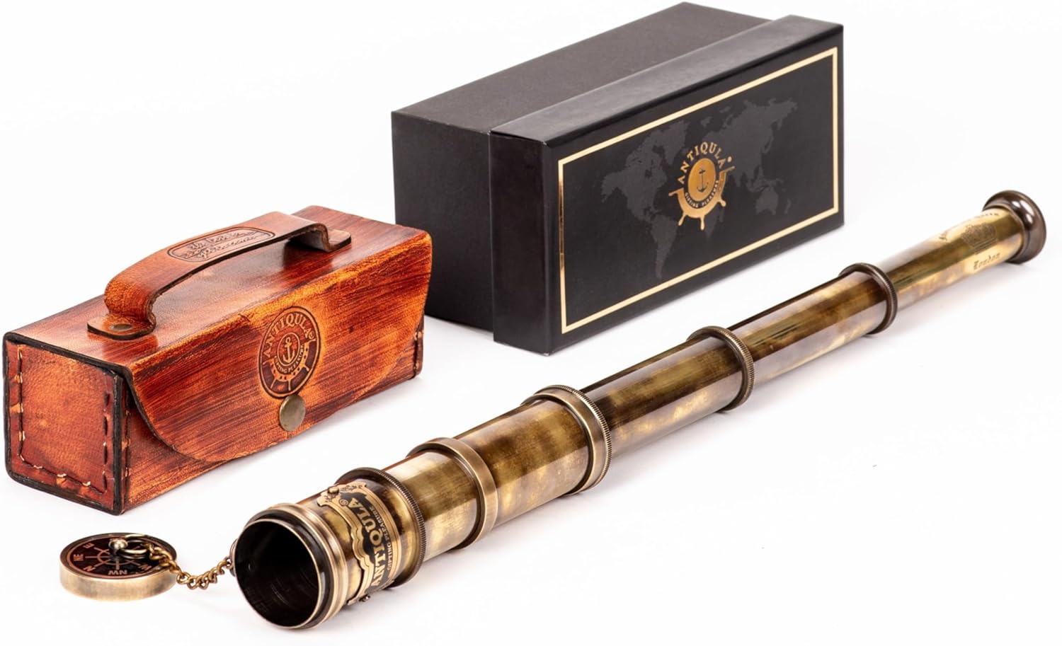 Brass Spyglass Telescope 15" with Red Leather Case + Black Gift Box view 2