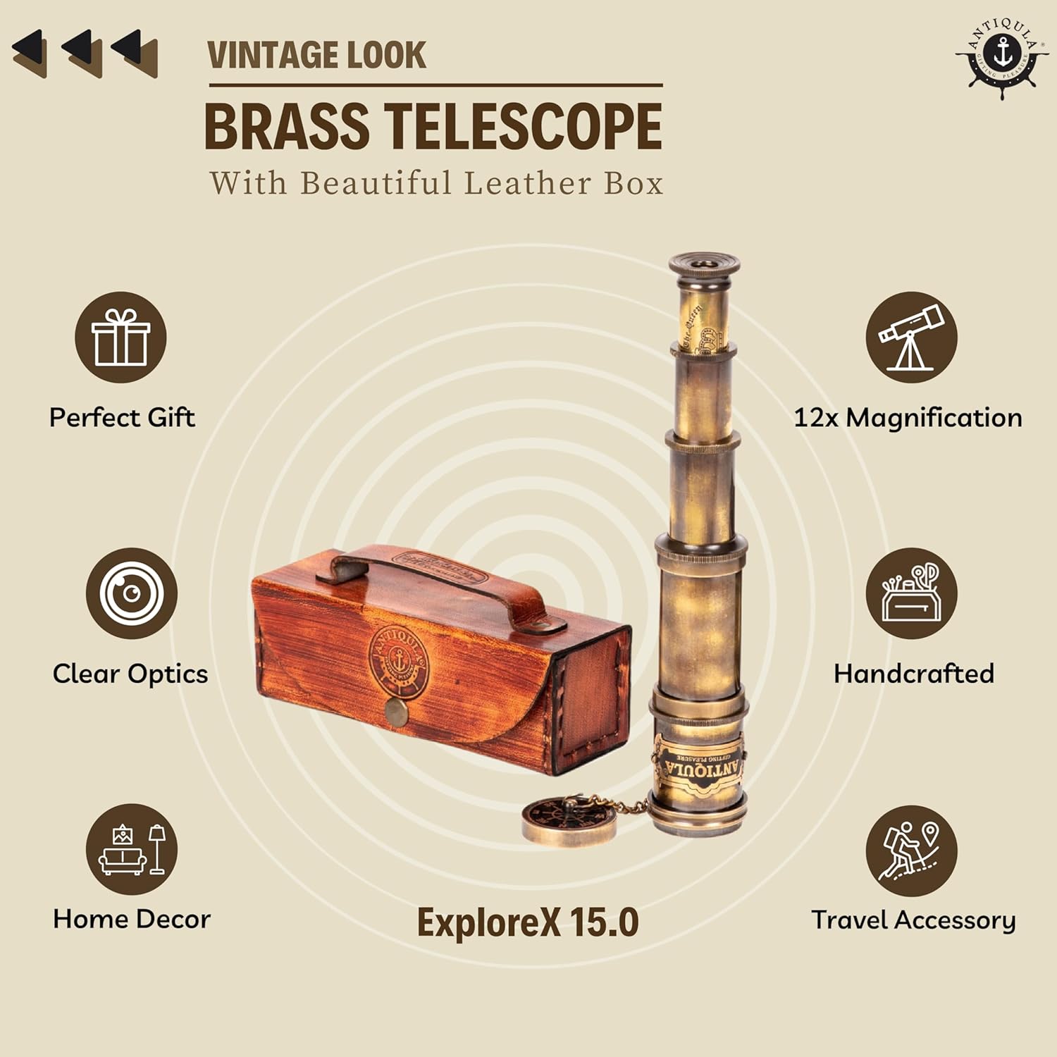 Brass Spyglass Telescope 15" with Red Leather Case + Black Gift Box view 3