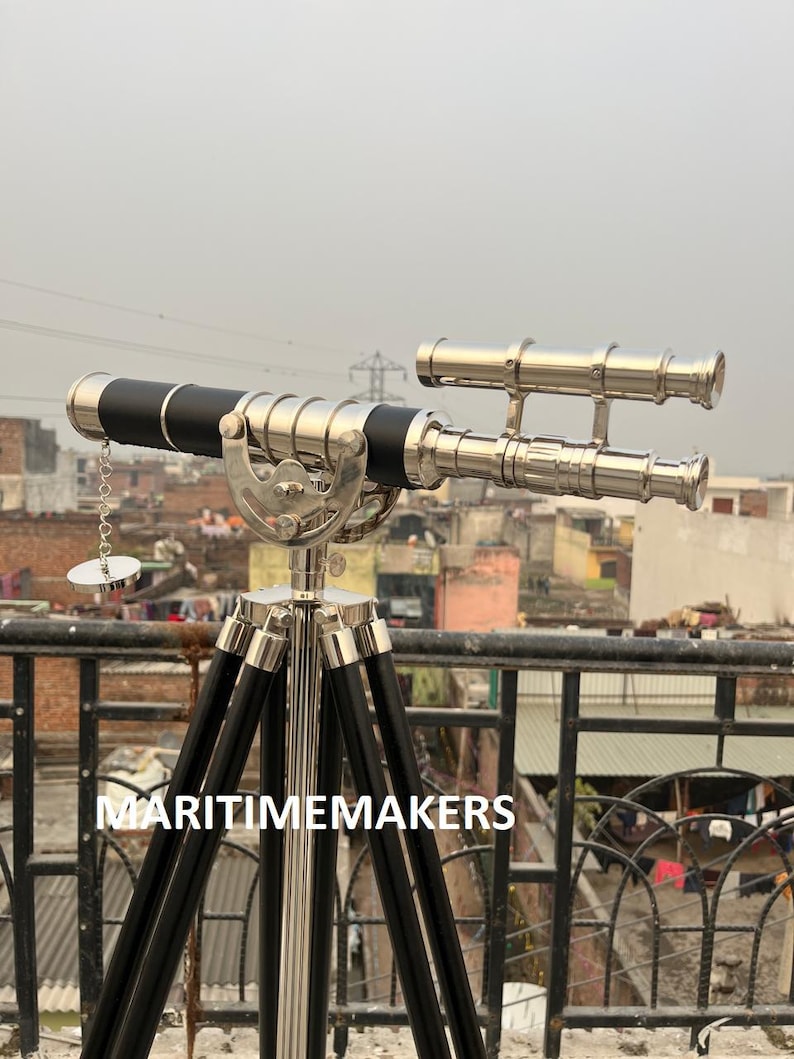 Double Barrel Chrome Finish Brass & Chrome Floor Standing Telescope 50" with Black Wooden Tripod view 2