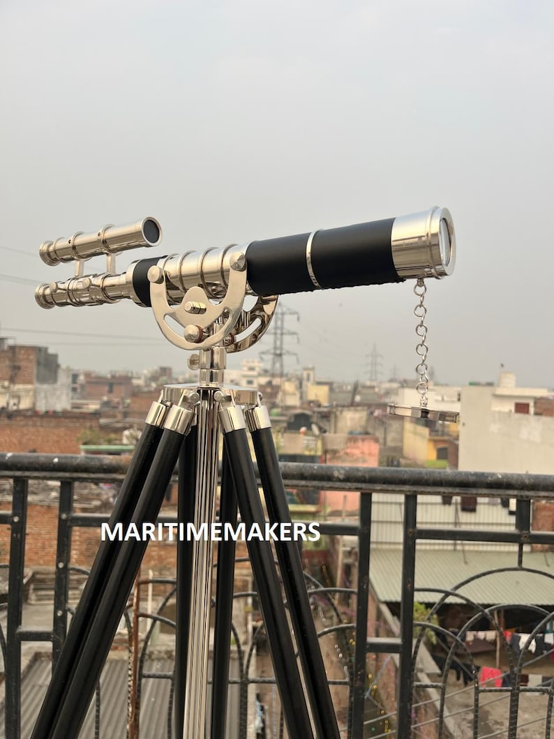 Double Barrel Chrome Finish Brass & Chrome Floor Standing Telescope 50" with Black Wooden Tripod view 3