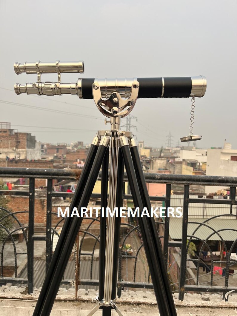 Double Barrel Chrome Finish Brass & Chrome Floor Standing Telescope 50" with Black Wooden Tripod view 4