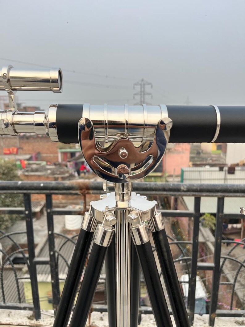 Double Barrel Chrome Finish Brass & Chrome Floor Standing Telescope 50" with Black Wooden Tripod view 6
