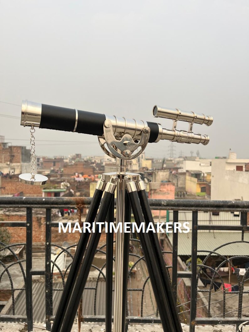 Double Barrel Chrome Finish Brass & Chrome Floor Standing Telescope 50" with Black Wooden Tripod view 9