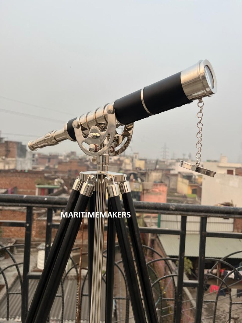 Double Barrel Chrome Finish Brass & Chrome Floor Standing Telescope 50" with Black Wooden Tripod view 14