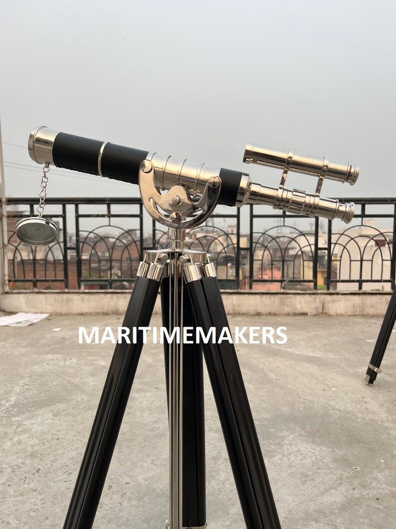 Double Barrel Chrome Finish Brass & Chrome Floor Standing Telescope 50" with Black Wooden Tripod view 19