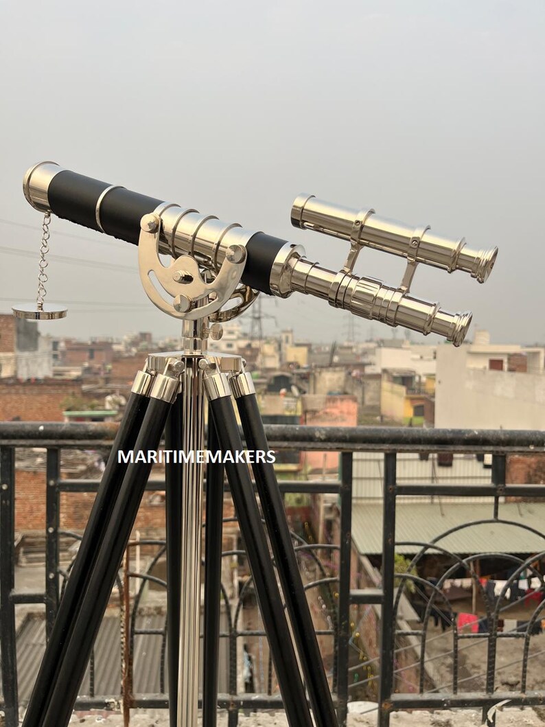 Double Barrel Chrome Finish Brass & Chrome Floor Standing Telescope 50" with Black Wooden Tripod view 20