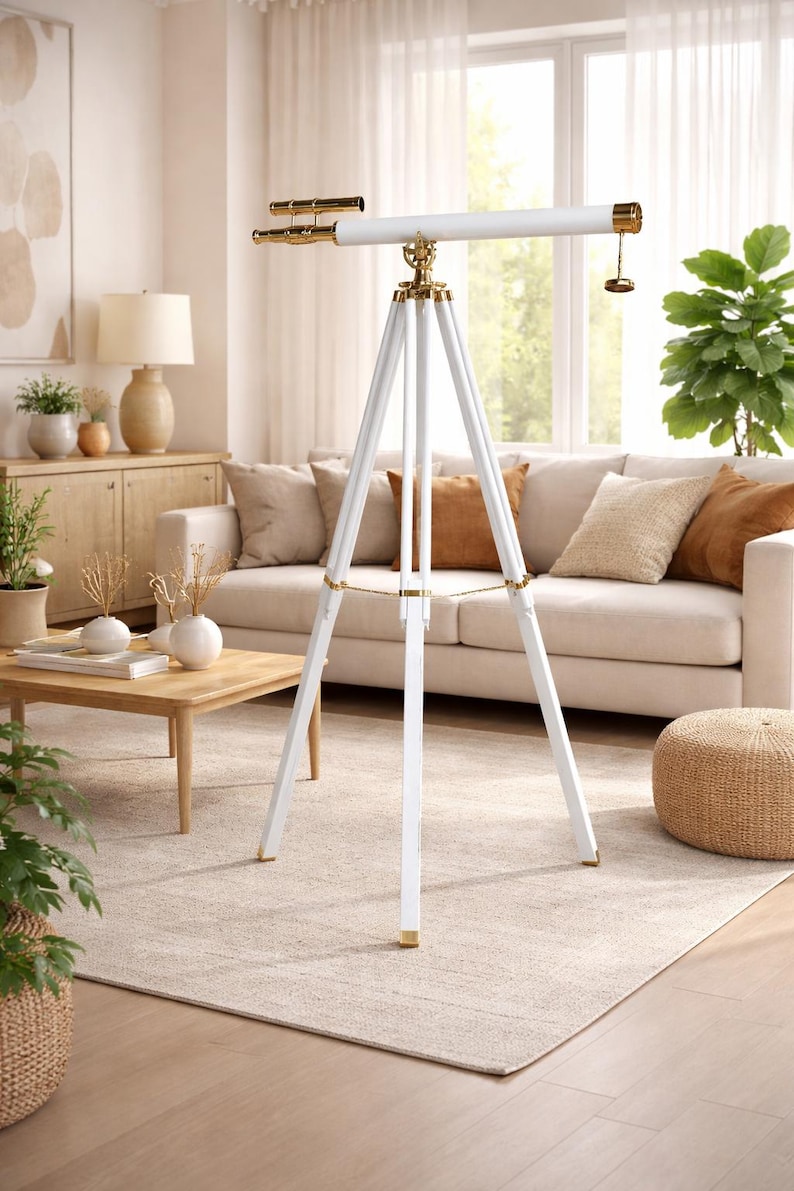Double Barrel Brass & Leather Floor Standing Telescope 60" with White Wooden Tripod Stand view 3
