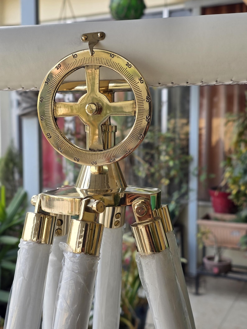 Double Barrel Brass & Leather Floor Standing Telescope 60" with White Wooden Tripod Stand view 6