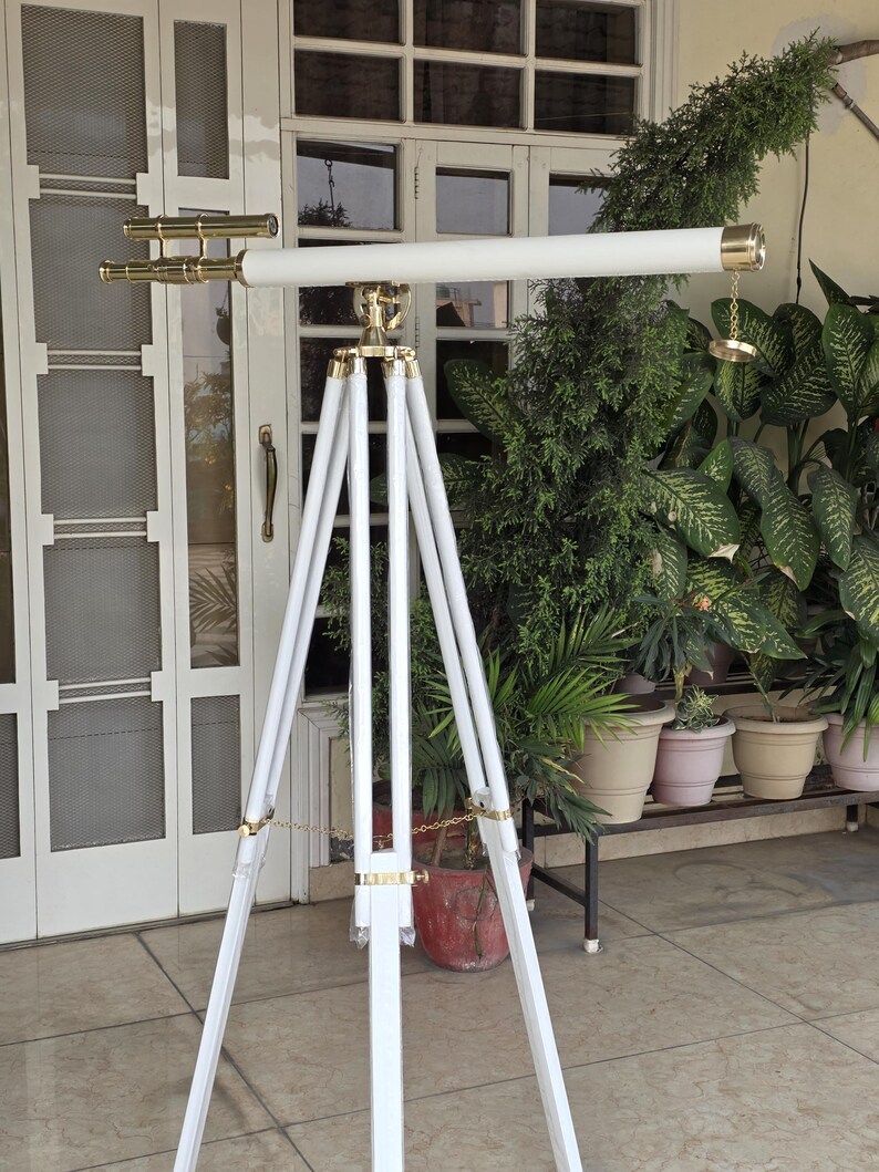 Double Barrel Brass & Leather Floor Standing Telescope 60" with White Wooden Tripod Stand view 12
