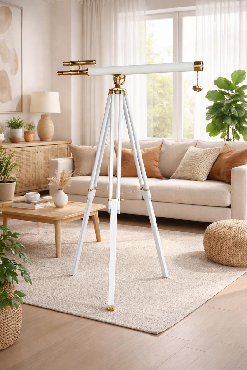 Double Barrel Brass & Leather Floor Standing Telescope 60" with White Wooden Tripod Stand view 14