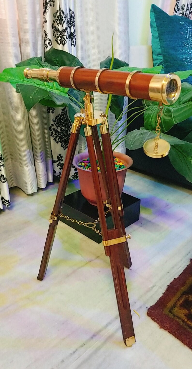 Brass Floor Standing Telescope 26" with Wooden Tripod Stand view 3