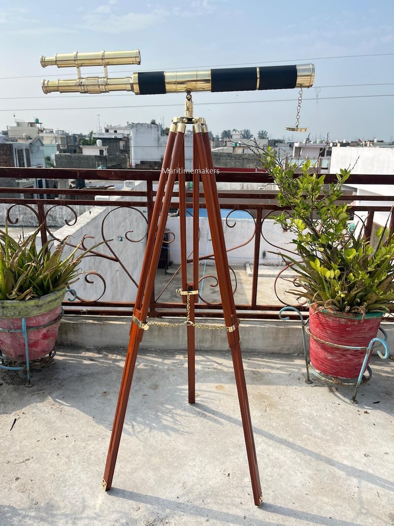 Double Barrel Brass & Wood Floor Standing Telescope 50" with Rosewood Tripod Stand view 3