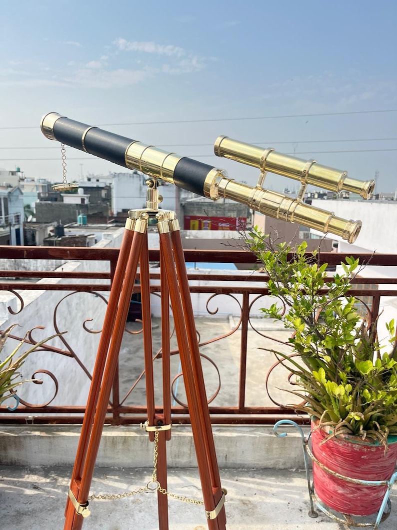 Double Barrel Brass & Wood Floor Standing Telescope 50" with Rosewood Tripod Stand view 9