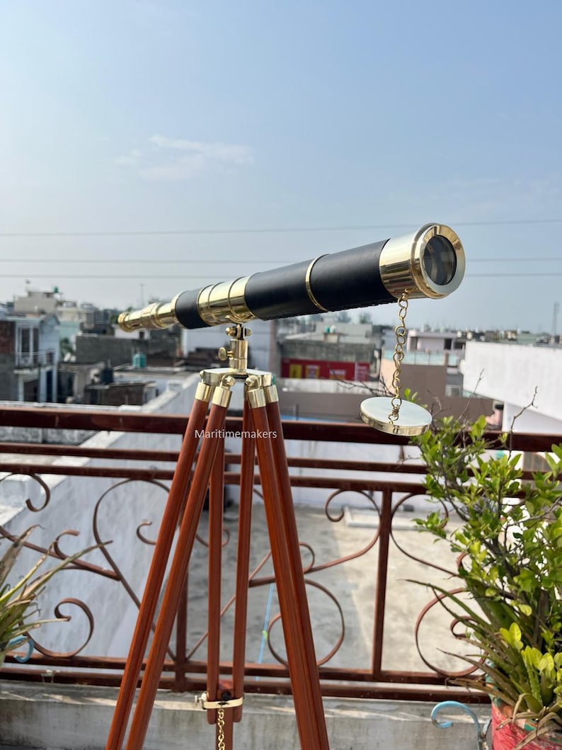 Double Barrel Brass & Wood Floor Standing Telescope 50" with Rosewood Tripod Stand view 13