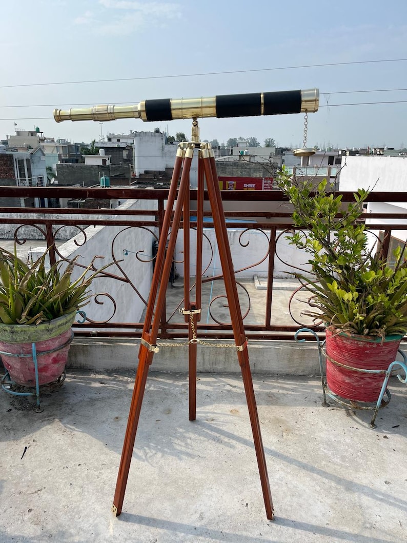 Double Barrel Brass & Wood Floor Standing Telescope 50" with Rosewood Tripod Stand view 17