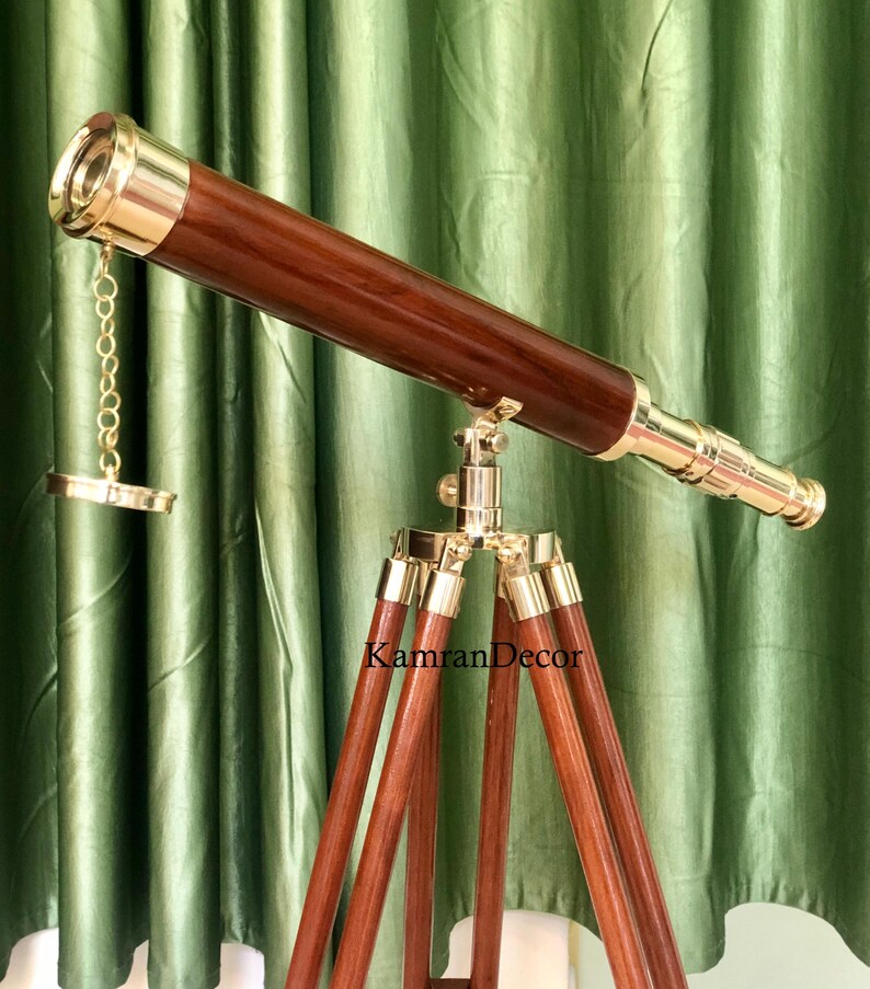 Brass & Wood Floor Standing Telescope 18" with Wooden Tripod Stand view 4