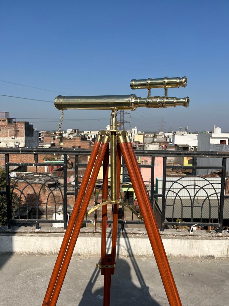 Double Barrel Brass Floor Standing Telescope 52" with Wooden Tripod Stand view 2