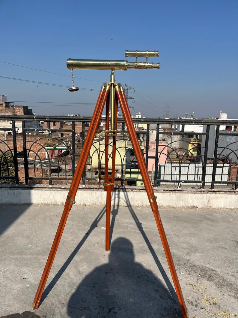 Double Barrel Brass Floor Standing Telescope 52" with Wooden Tripod Stand view 4