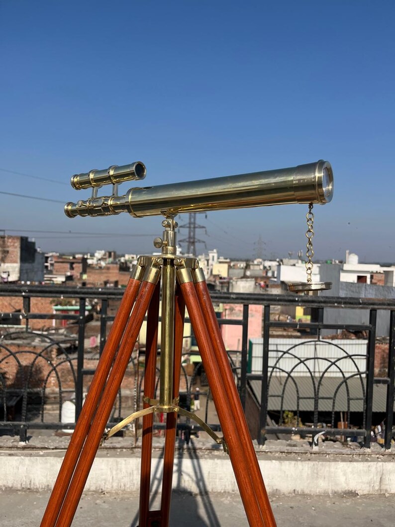 Double Barrel Brass Floor Standing Telescope 52" with Wooden Tripod Stand view 6