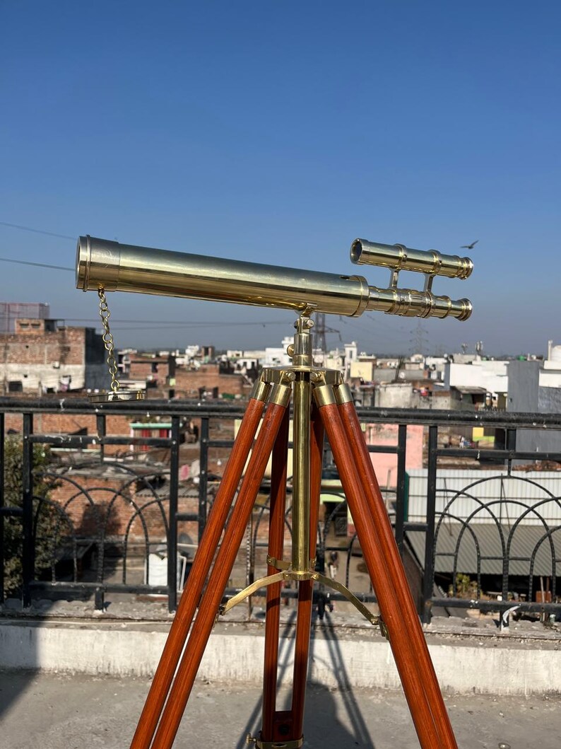 Double Barrel Brass Floor Standing Telescope 52" with Wooden Tripod Stand view 7
