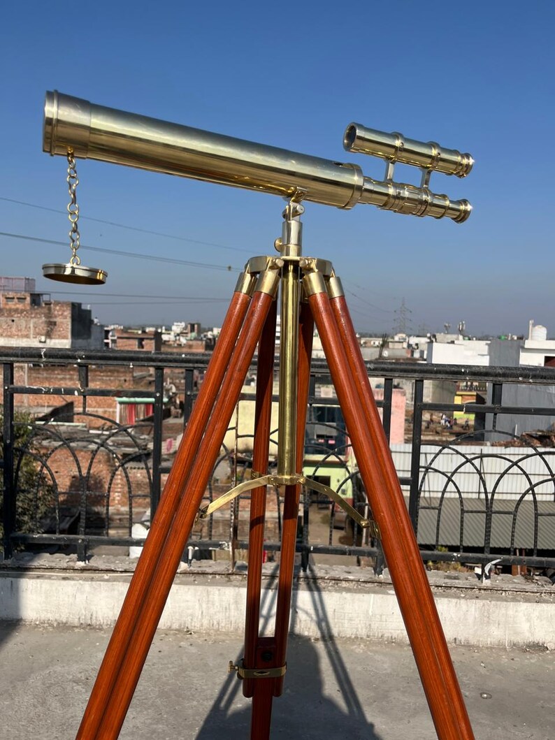 Double Barrel Brass Floor Standing Telescope 52" with Wooden Tripod Stand view 9