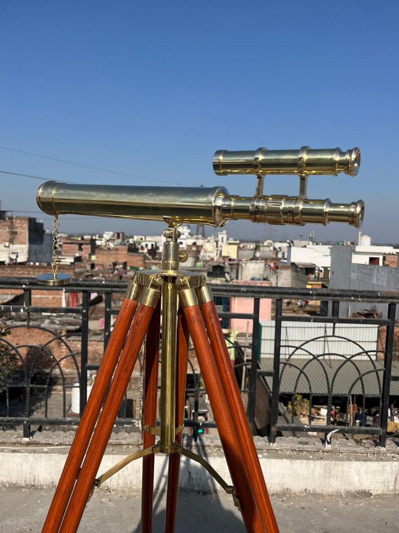 Double Barrel Brass Floor Standing Telescope 52" with Wooden Tripod Stand view 10