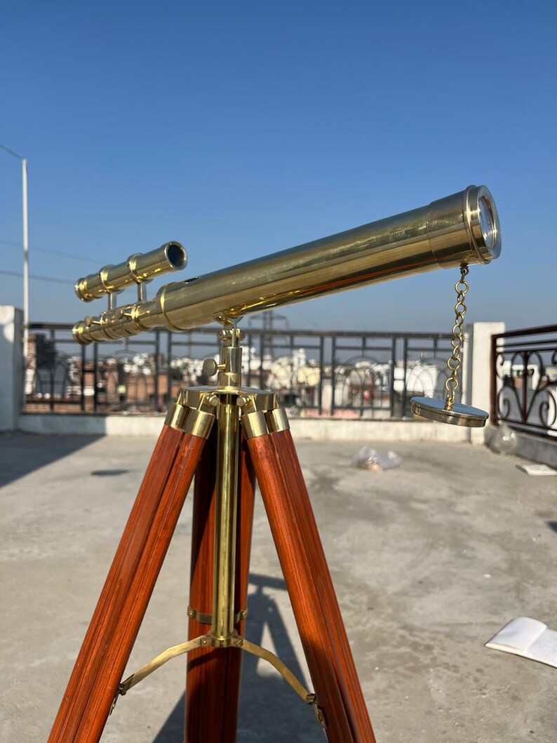 Double Barrel Brass Floor Standing Telescope 52" with Wooden Tripod Stand view 12