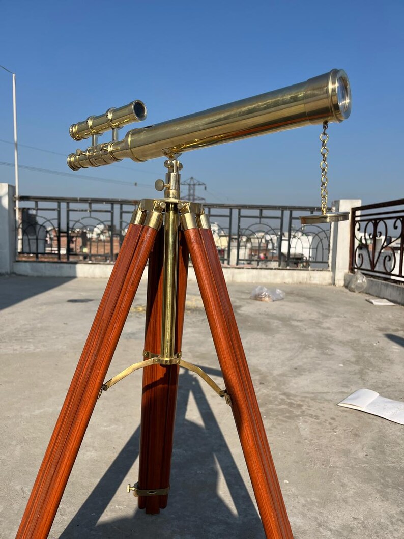 Double Barrel Brass Floor Standing Telescope 52" with Wooden Tripod Stand view 14