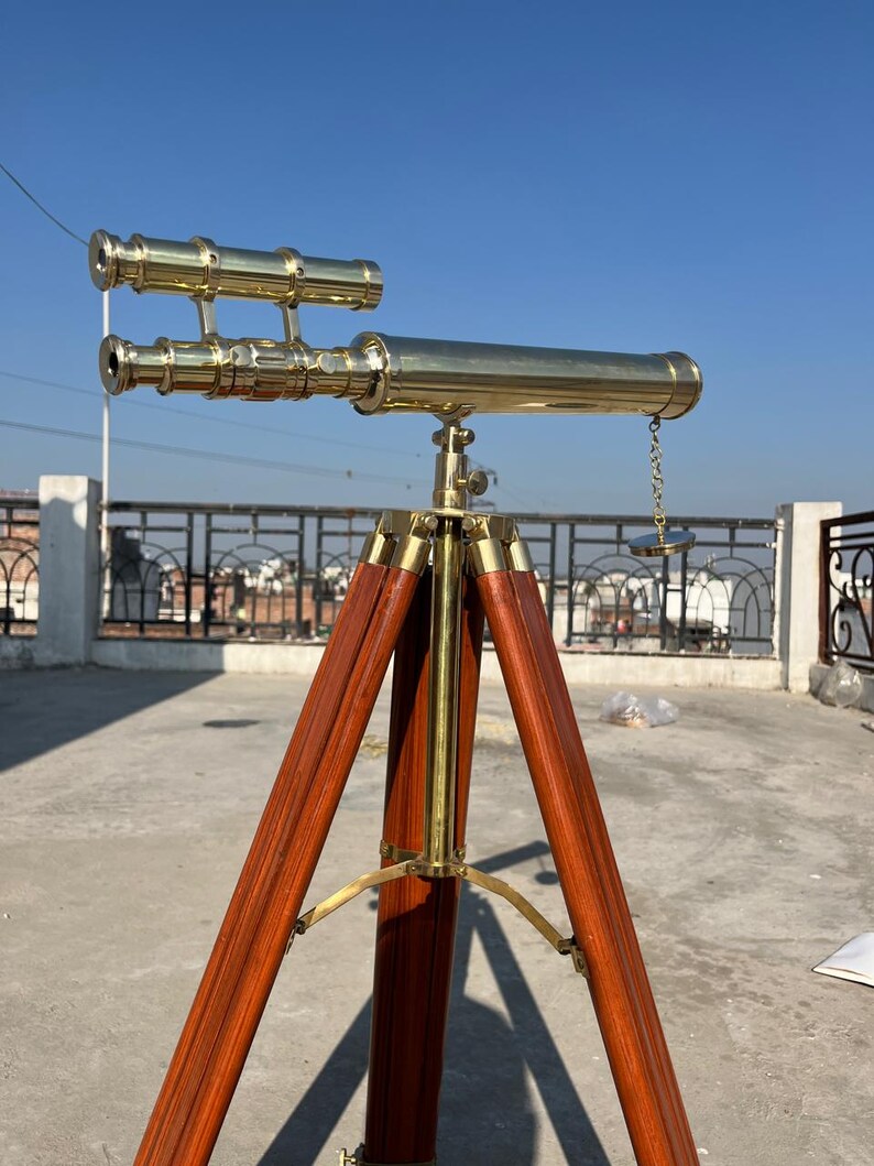Double Barrel Brass Floor Standing Telescope 52" with Wooden Tripod Stand view 15