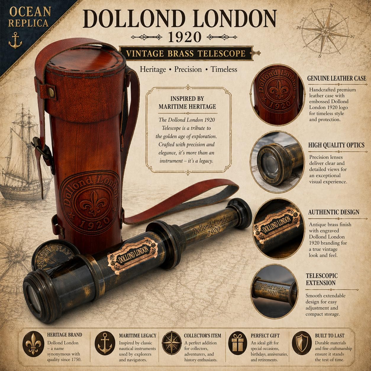Brass Spyglass Telescope 16" view 2