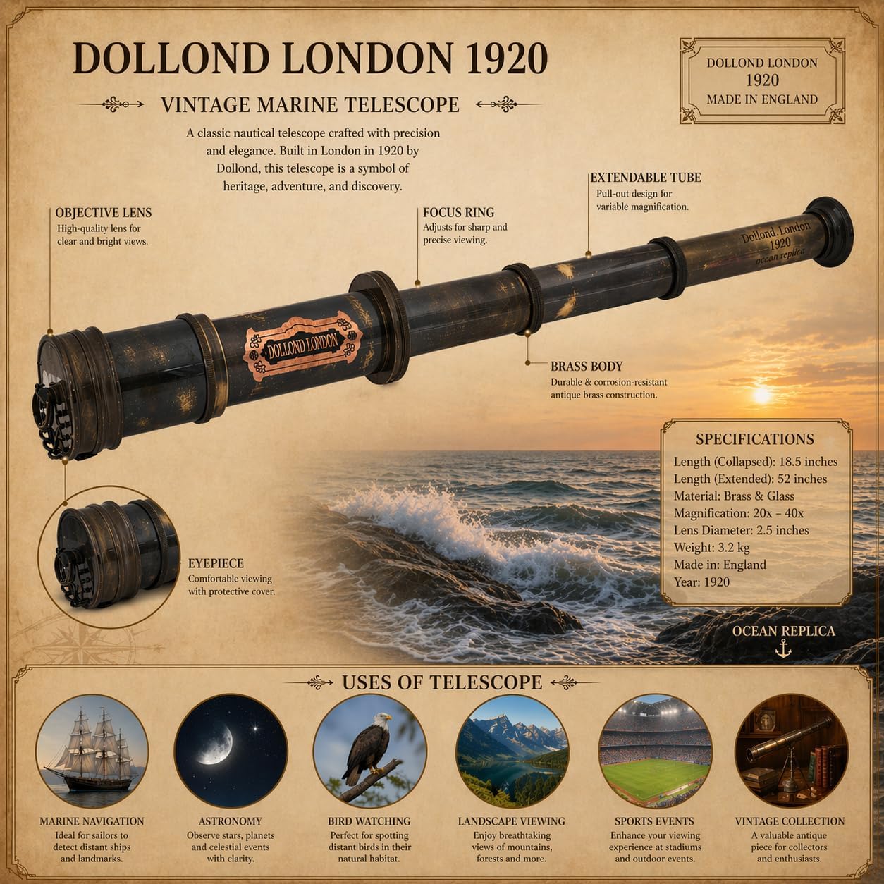 Brass Spyglass Telescope 16" view 4