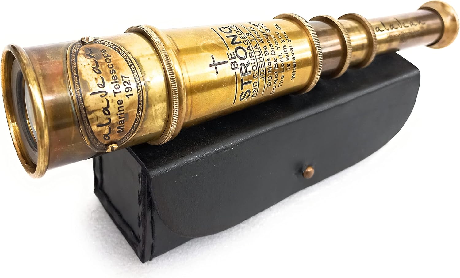 Engraved Joshua 1:9 Brass Spyglass 16" with Leather Case view 7
