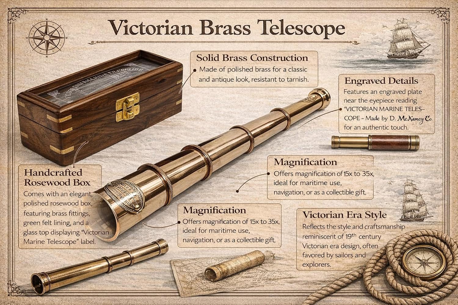 Brass Spyglass Telescope 17" with Wooden Box with Glass Cover view 7