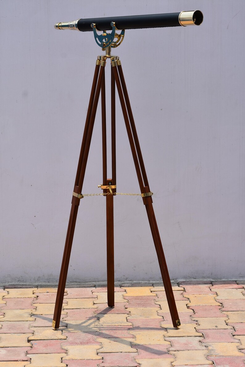 Brass & Leather Floor Standing Telescope 65" with Wooden Tripod view 3