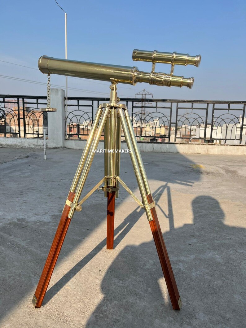 Double Barrel Brass Floor Standing Telescope 40" with Wooden Tripod Stand view 2