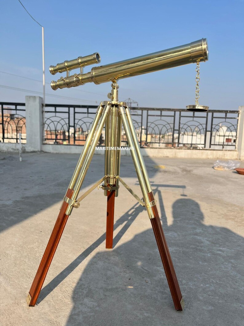 Double Barrel Brass Floor Standing Telescope 40" with Wooden Tripod Stand view 8