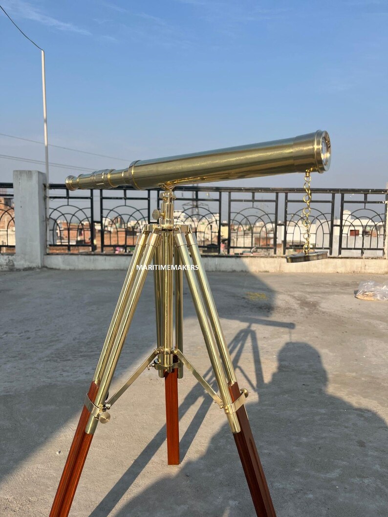 Double Barrel Brass Floor Standing Telescope 40" with Wooden Tripod Stand view 13