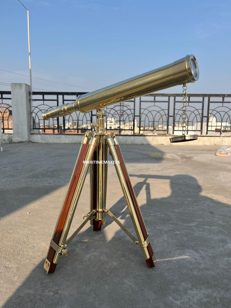 Double Barrel Brass Floor Standing Telescope 40" with Wooden Tripod Stand view 16