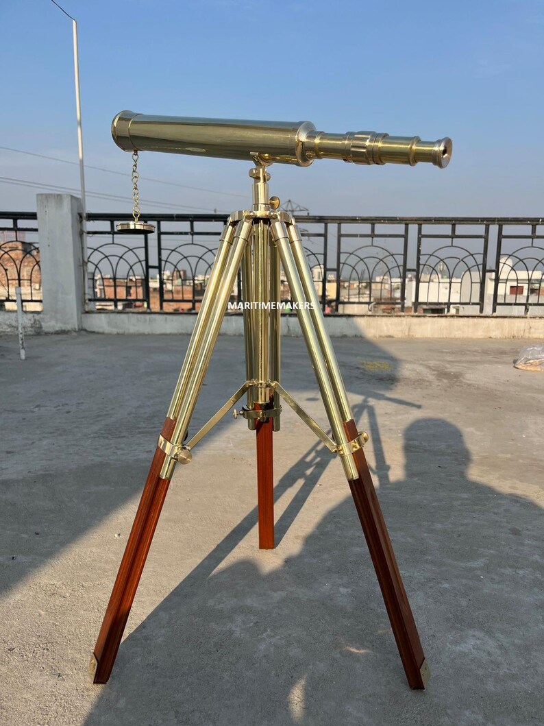 Double Barrel Brass Floor Standing Telescope 40" with Wooden Tripod Stand view 18