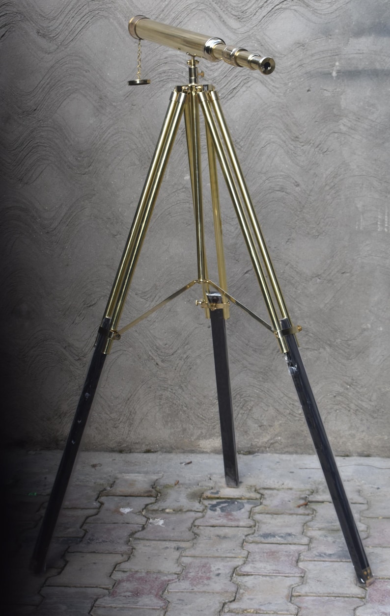 Brass Floor Standing Telescope 50" with Wooden Base Tripod with Brass Top Stand view 3