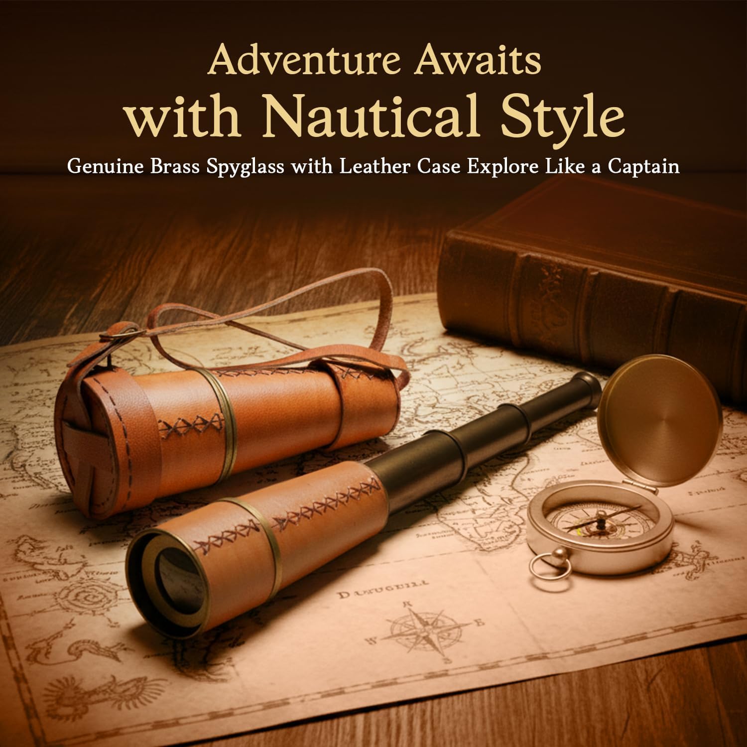 Brass Spyglass Telescope 18" with Leather Wrap with Caps and Carry Sling view 2