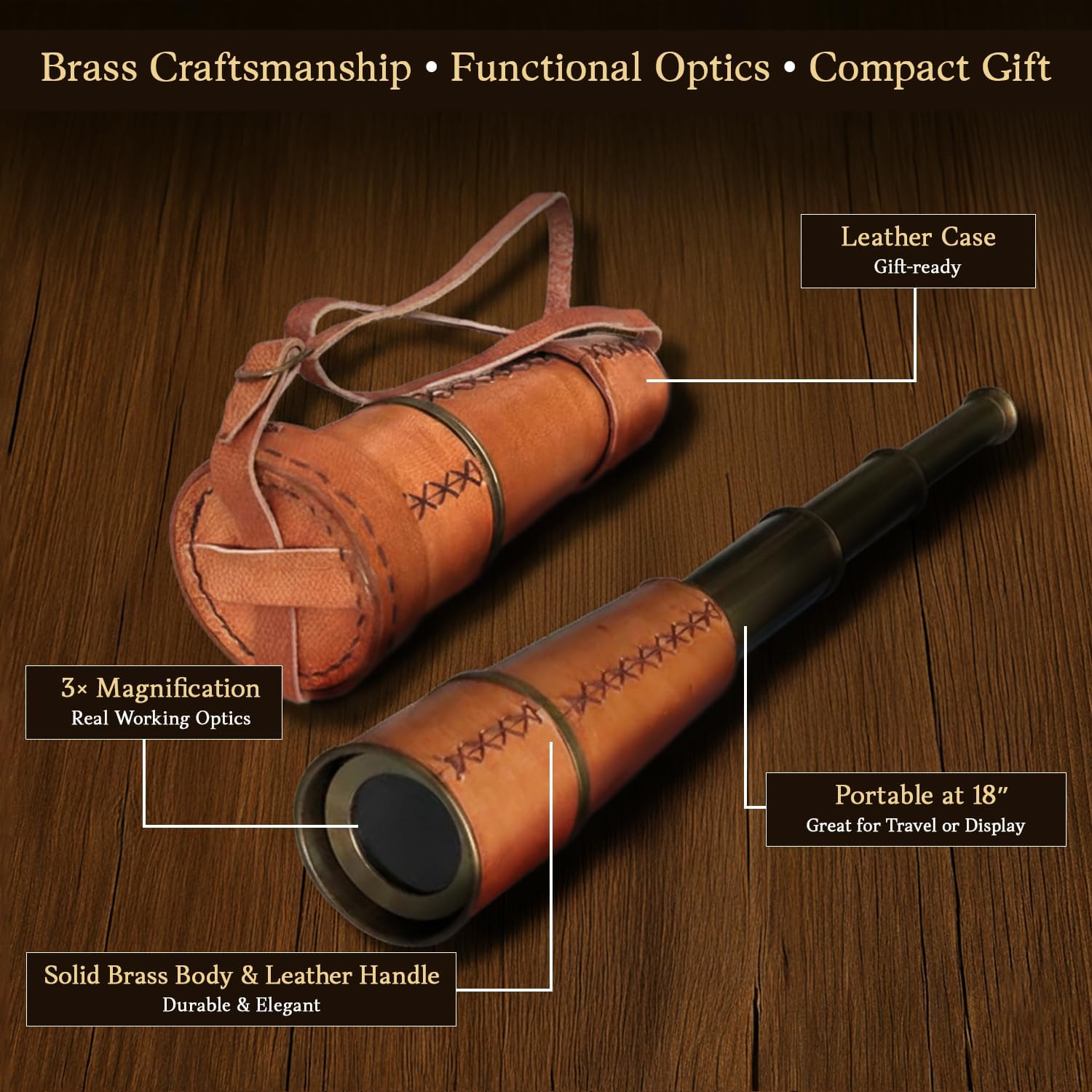 Brass Spyglass Telescope 18" with Leather Wrap with Caps and Carry Sling view 3